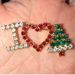 Gorgeous I love Christmas brooch pin rhinestones